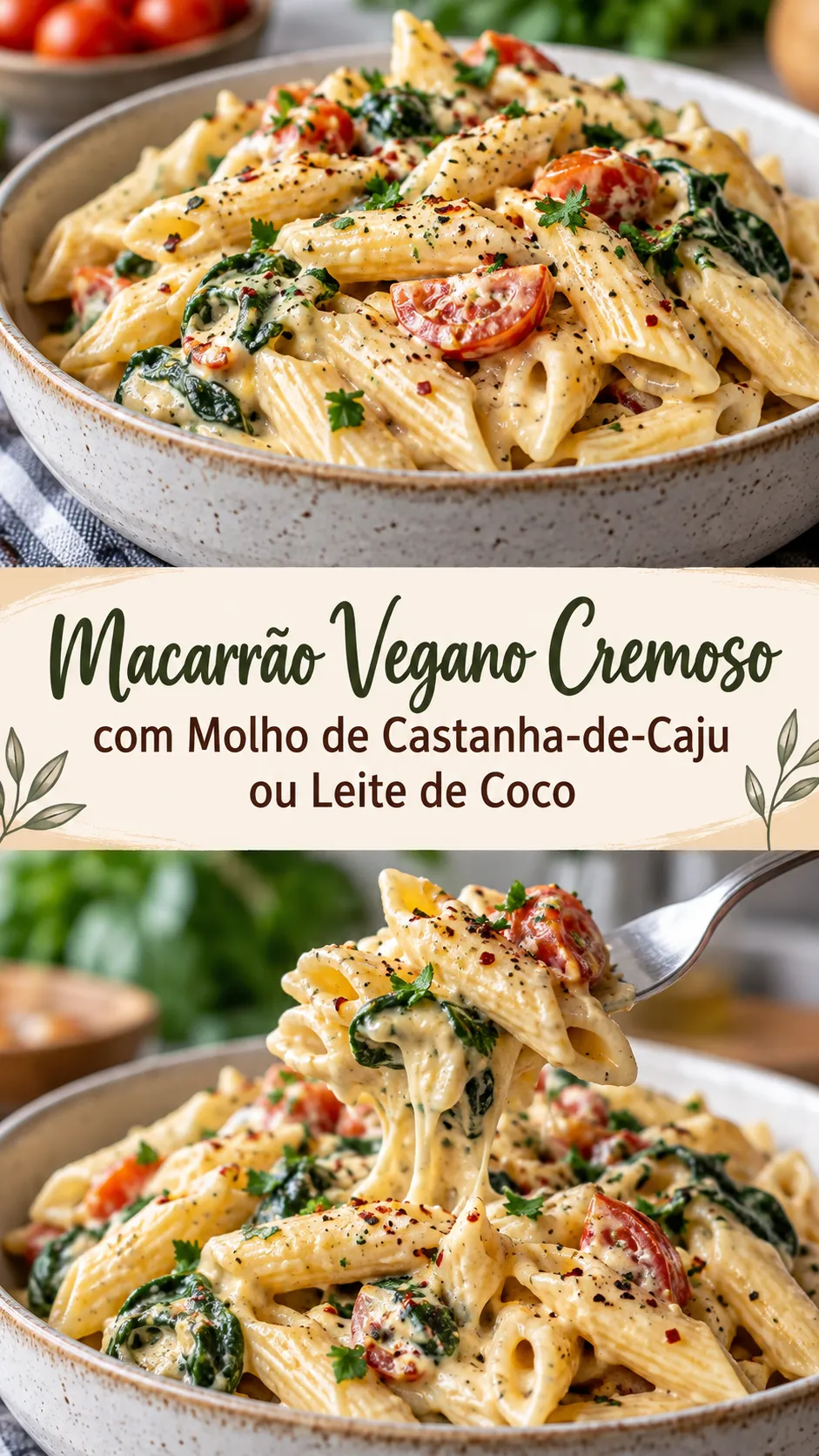 Imagem para o Pinterest com o título “Macarrão Vegano Cremoso com Molho de Castanha-de-Caju ou Leite de Coco” e duas fotos da receita