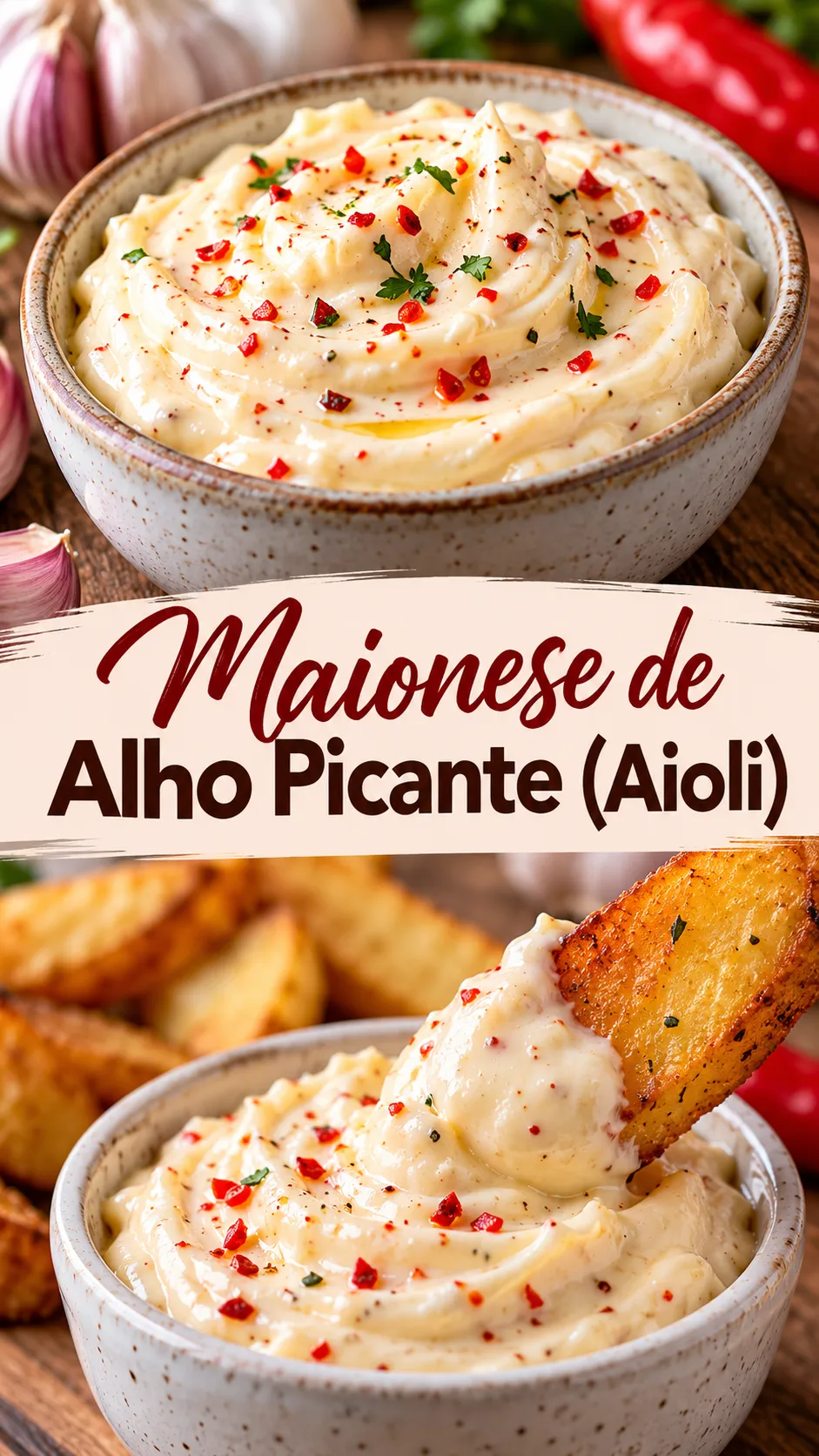 Imagem para o Pinterest com o título “Maionese de Alho Picante (Aioli)” e duas fotos da receita