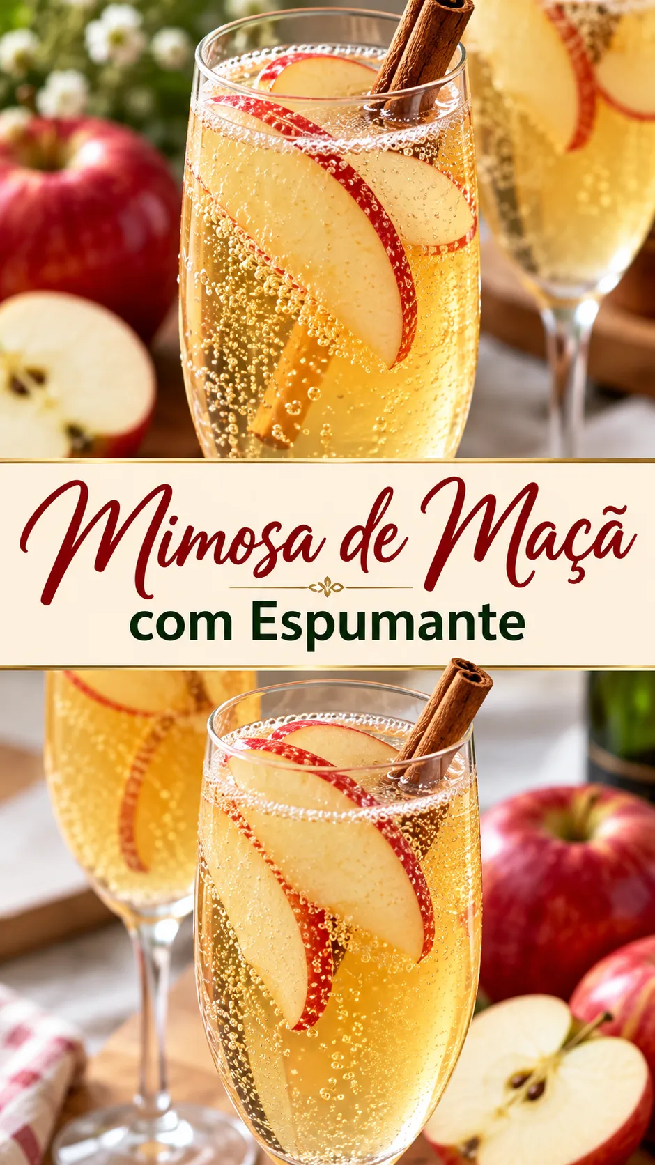 Imagem para o Pinterest com o título “Mimosa de Maçã com Espumante” e duas fotos da receita
