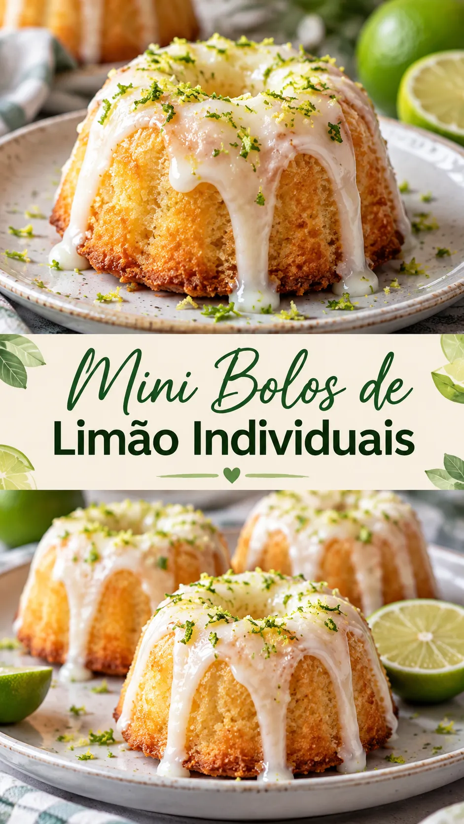 Imagem para o Pinterest com o título “Mini Bolos de Limão Individuais” e duas fotos da receita