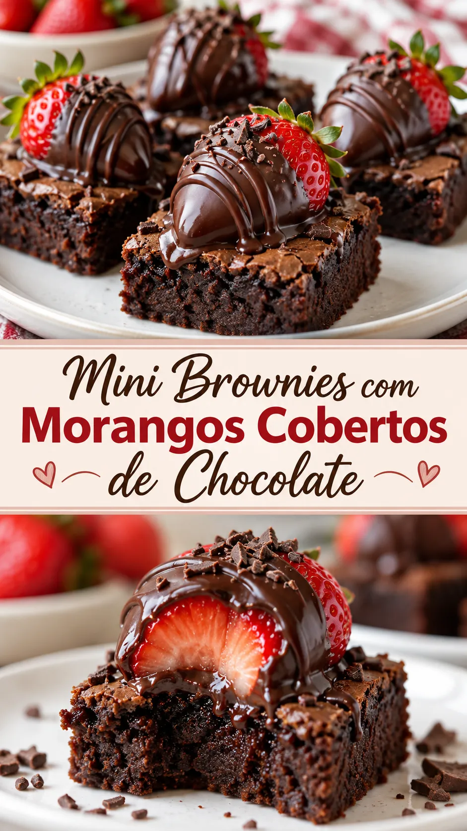 Imagem para o Pinterest com o título “Mini Brownies com Morangos Cobertos de Chocolate” e duas fotos da receita