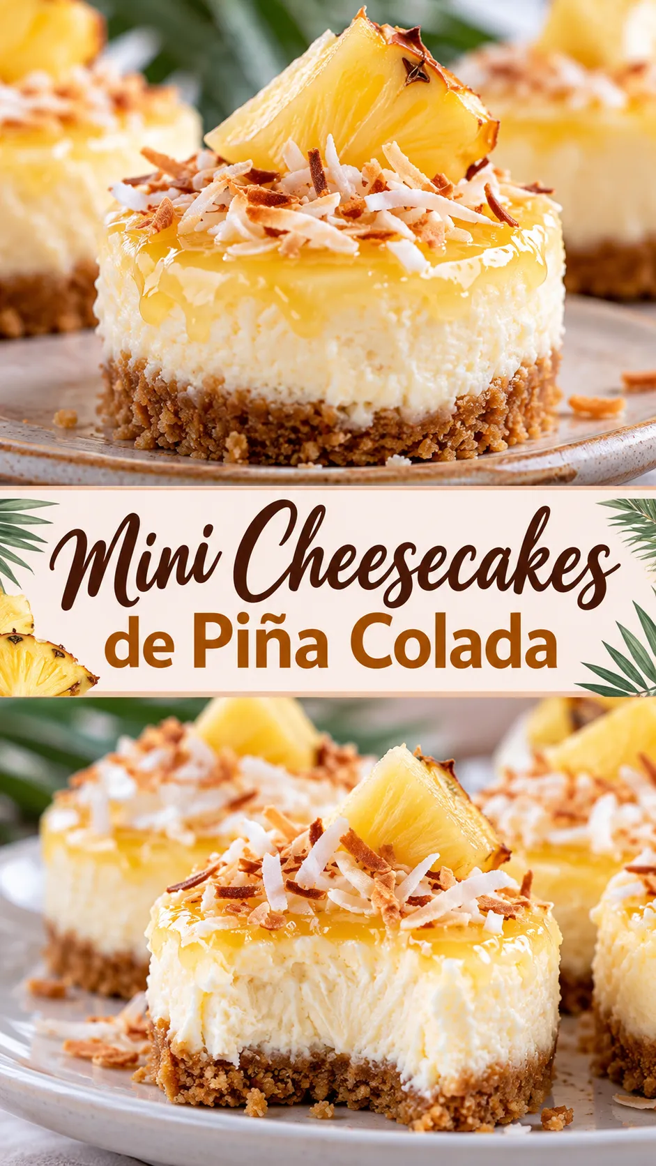 Imagem para o Pinterest com o título “Mini Cheesecakes de Piña Colada” e duas fotos da receita