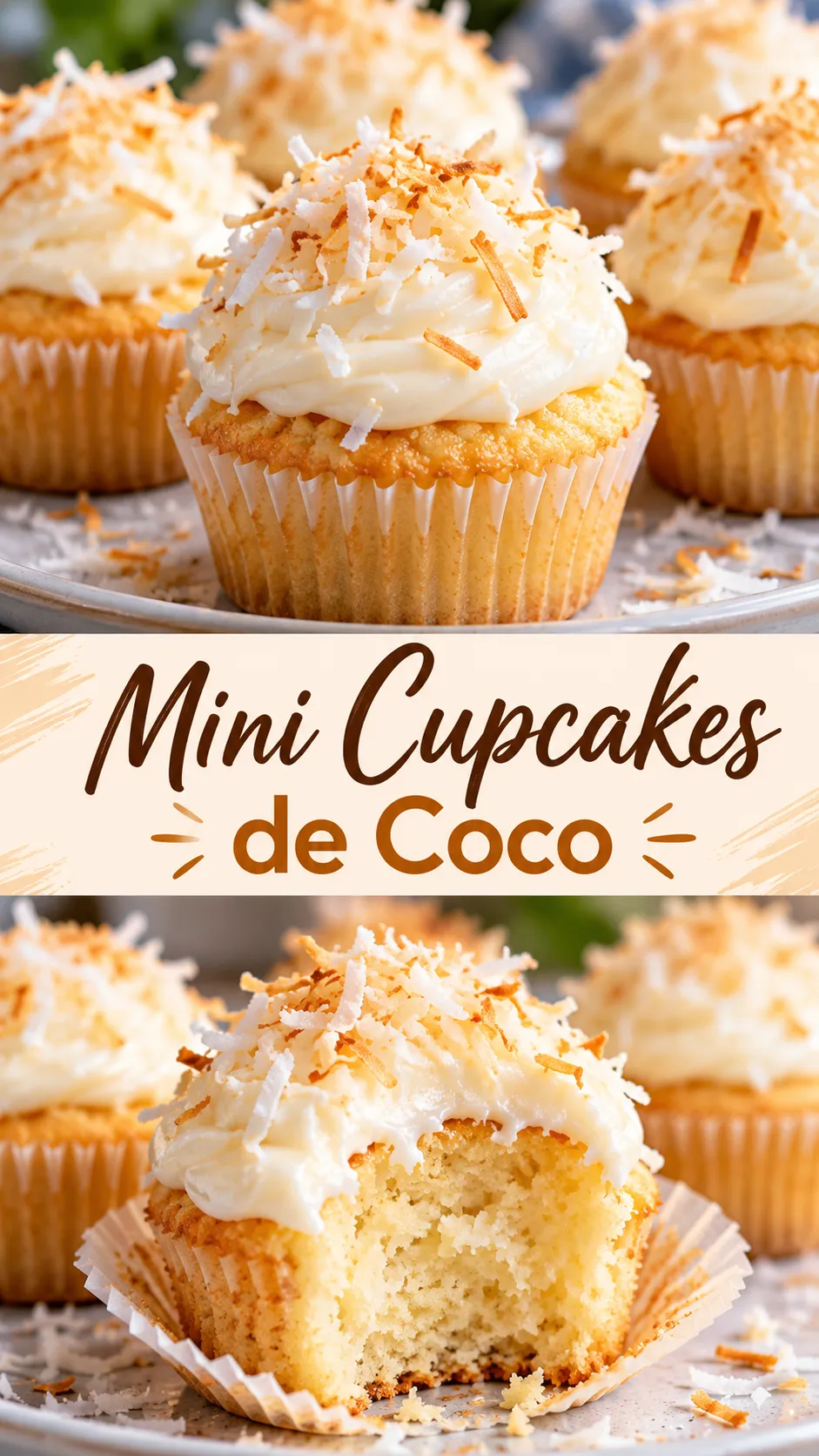 Imagem para o Pinterest com o título “Mini Cupcakes de Coco” e duas fotos da receita