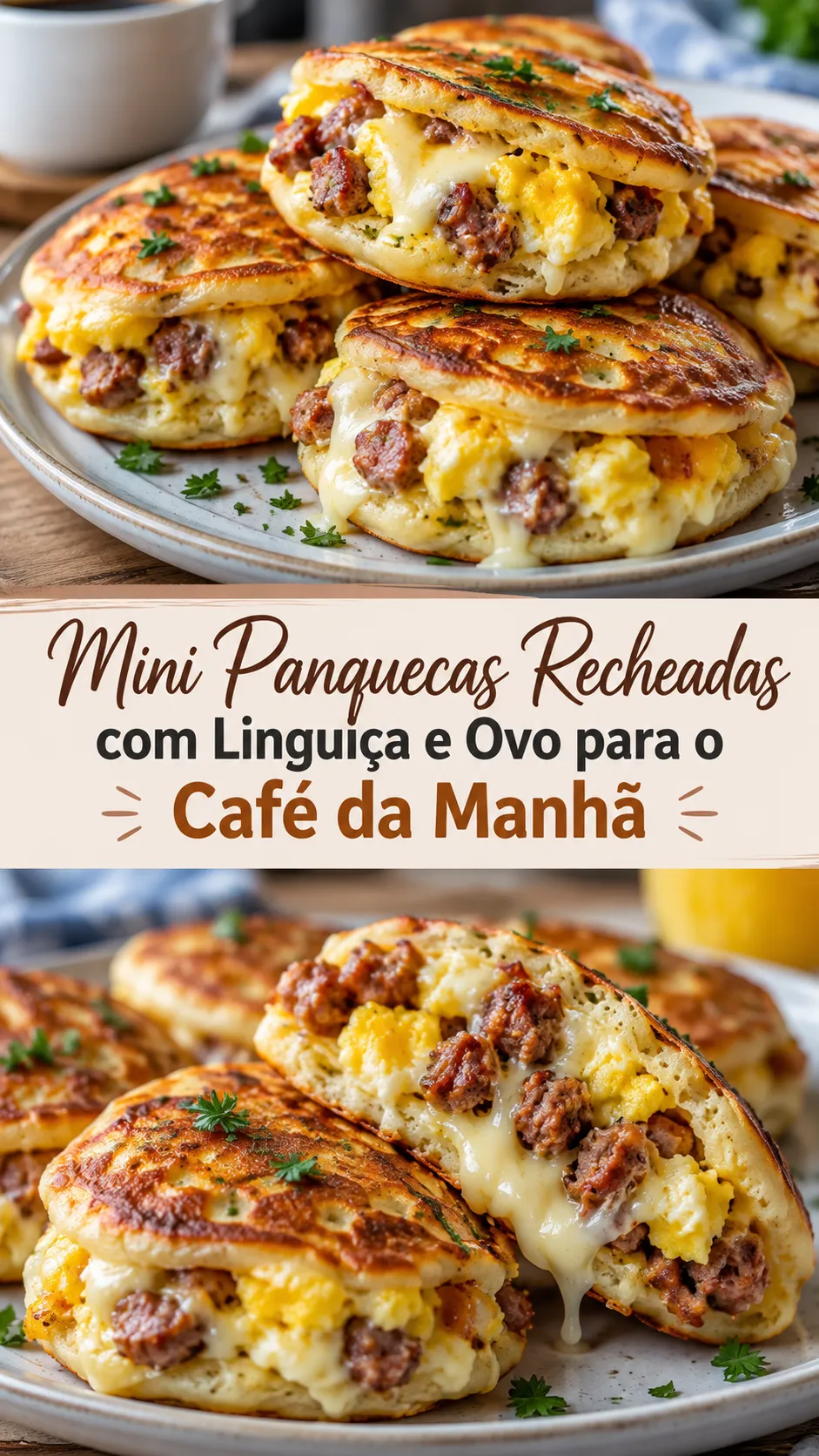 Imagem para o Pinterest com o título “Mini Panquecas Recheadas com Linguiça e Ovo para o Café da Manhã” e duas fotos da receita