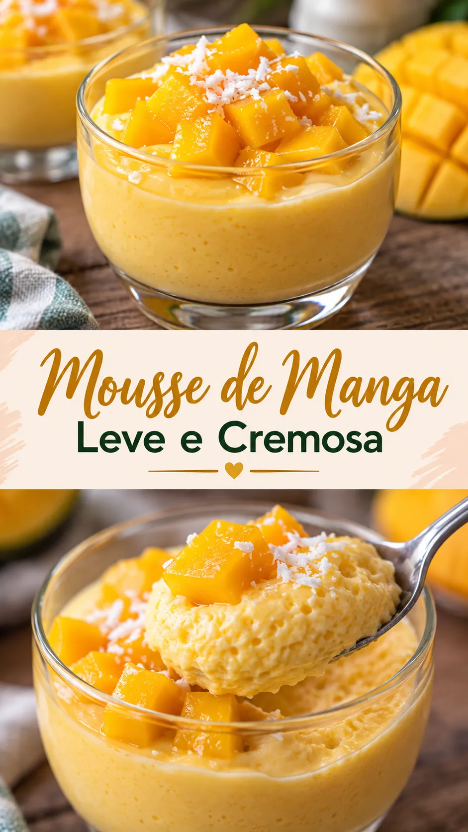 Imagem para o Pinterest com o título “Mousse de Manga Leve e Cremosa” e duas fotos da receita