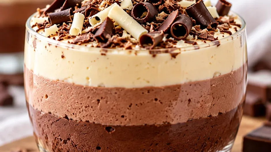 Foto de mousse de Três Chocolates pronto para servir