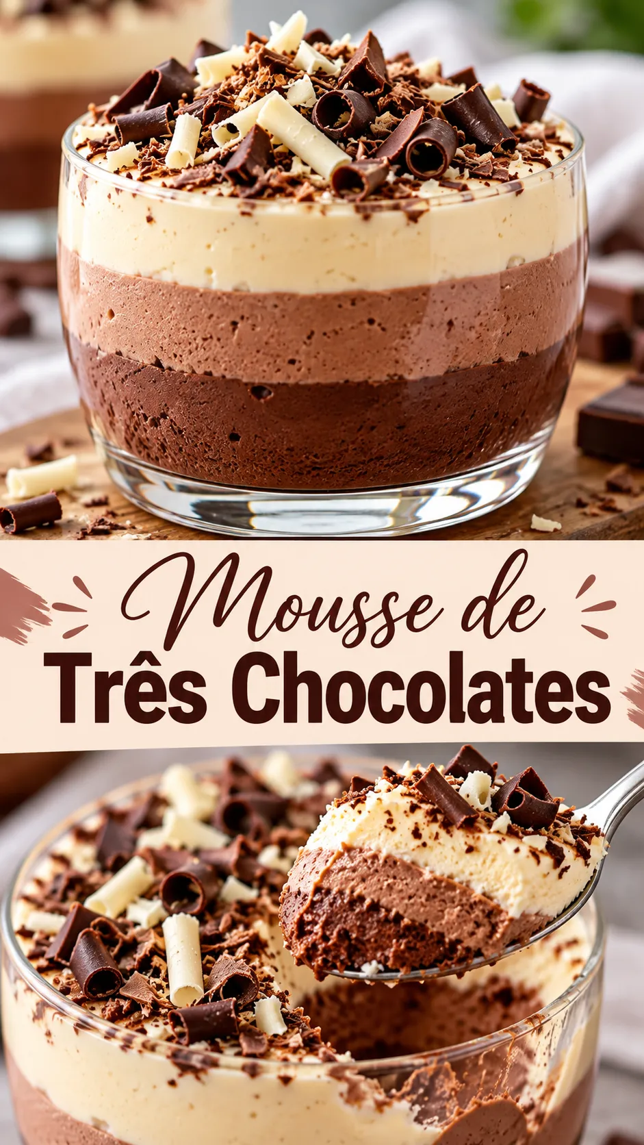 Imagem para o Pinterest com o título “Mousse de Três Chocolates” e duas fotos da receita