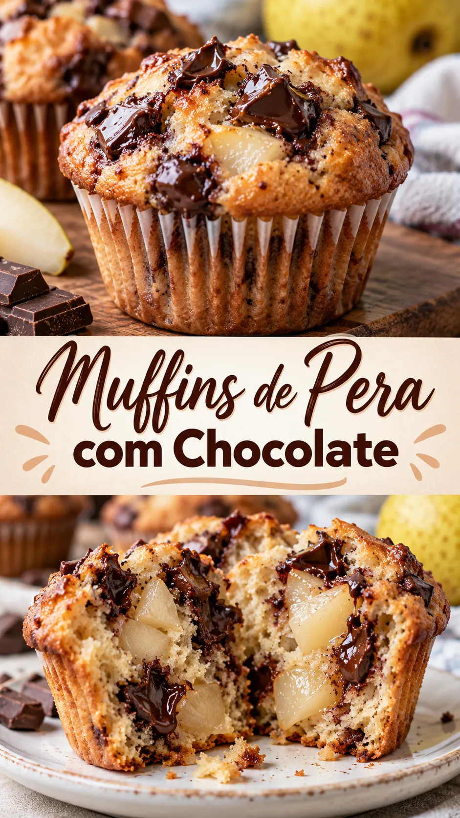 Imagem para o Pinterest com o título “Muffins de Pera com Chocolate” e duas fotos da receita