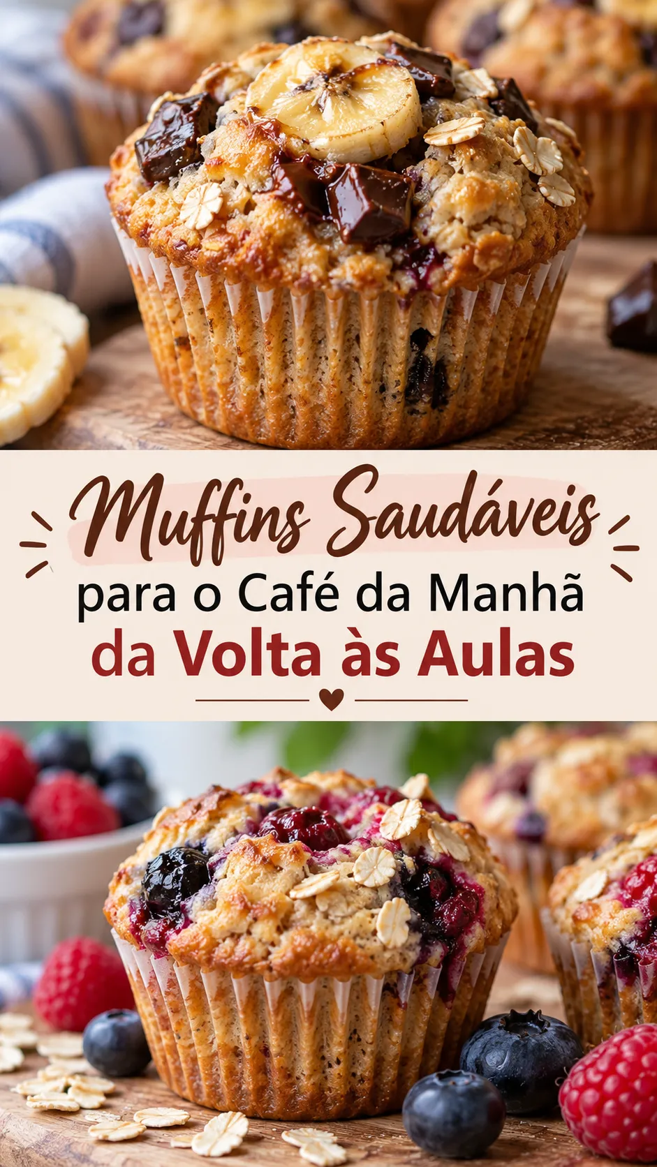 Imagem para o Pinterest com o título “Muffins Saudáveis para o Café da Manhã da Volta às Aulas” e duas fotos da receita