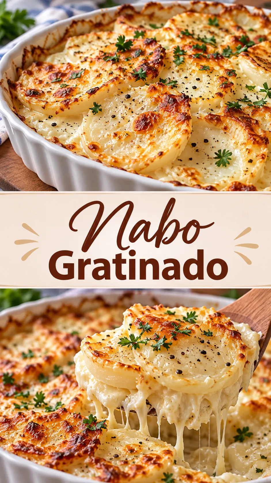 Imagem para o Pinterest com o título “Nabo Gratinado” e duas fotos da receita