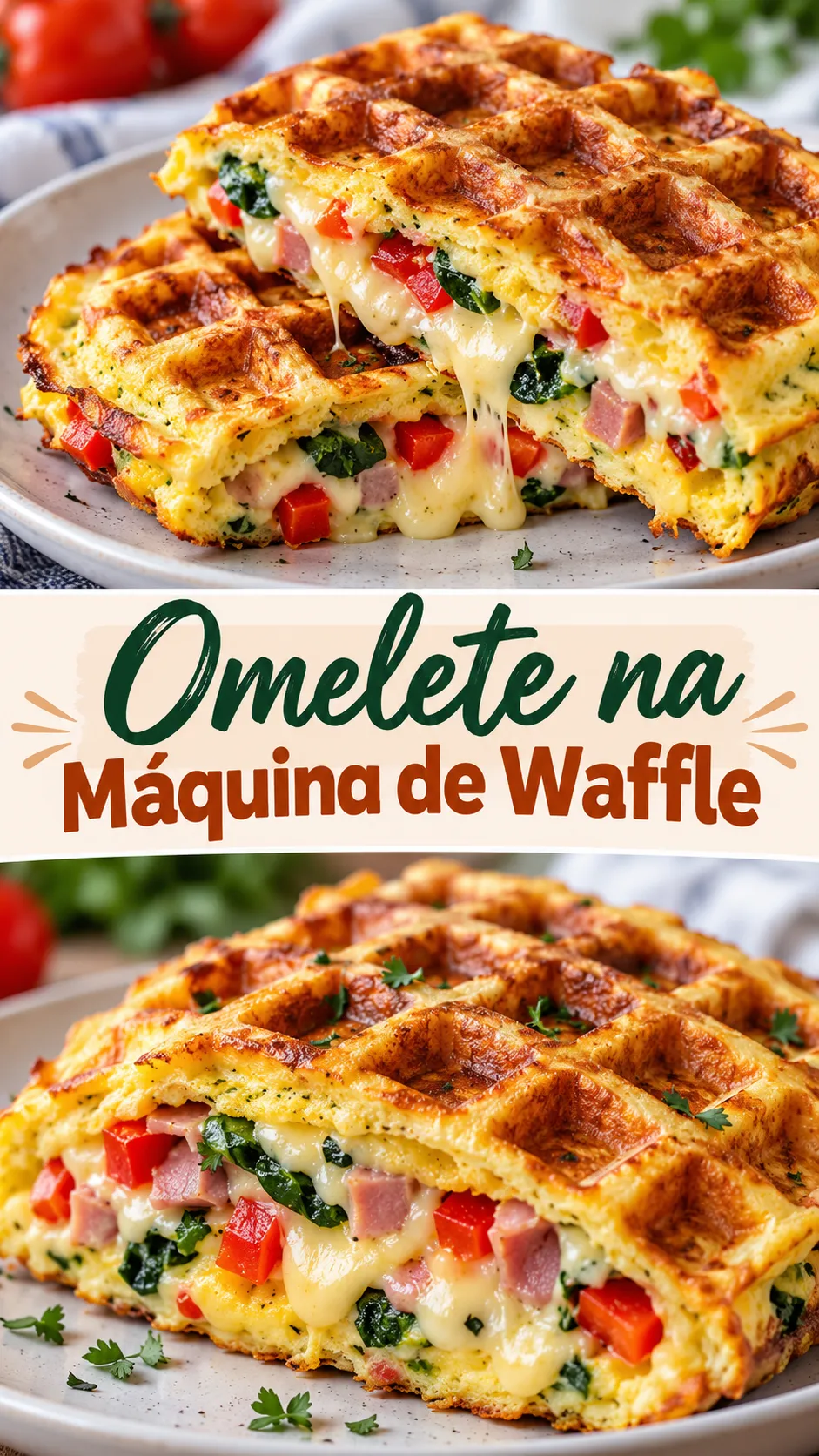 Imagem para o Pinterest com o título “Omelete na Máquina de Waffle” e duas fotos da receita