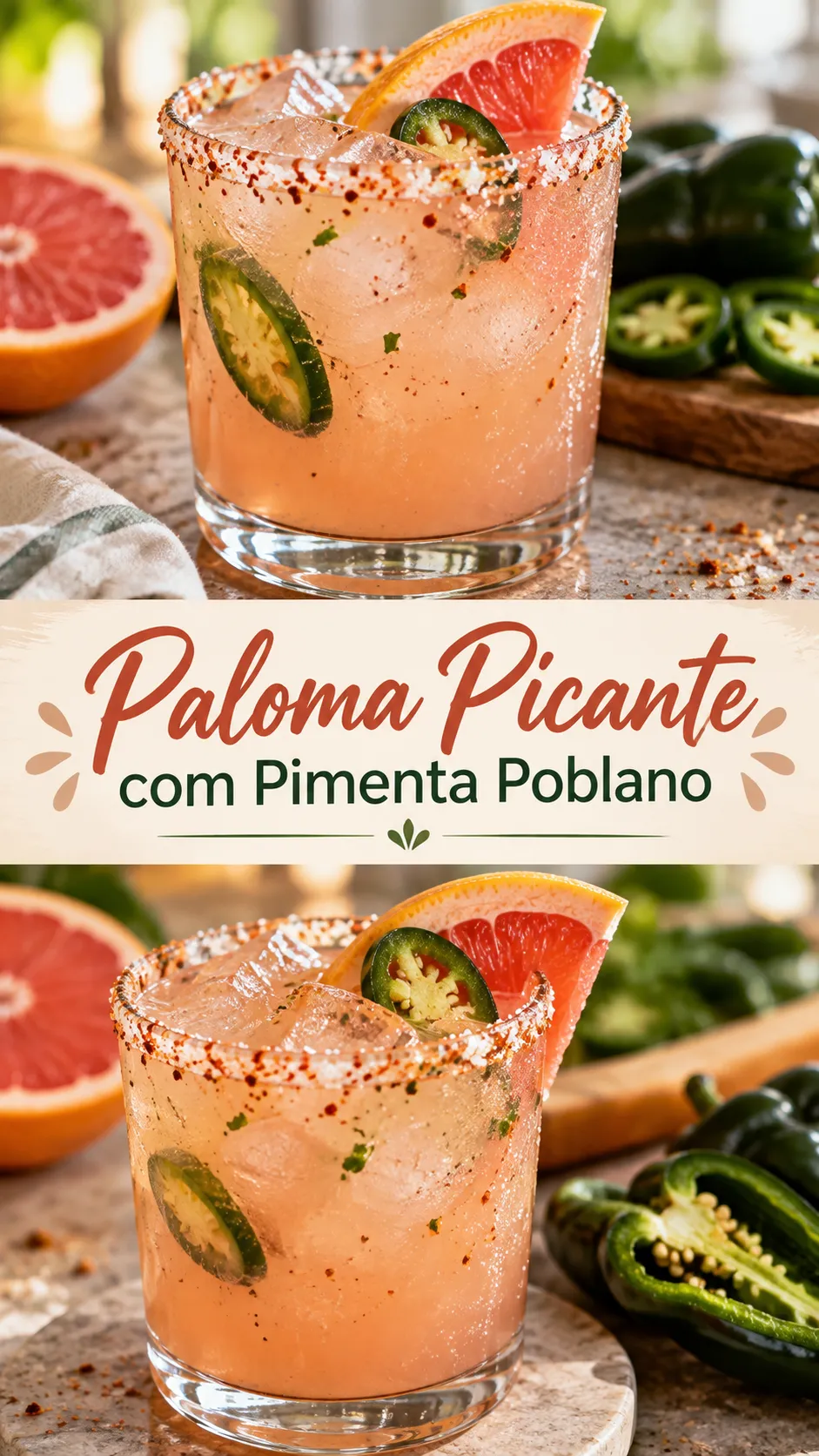 Imagem para o Pinterest com o título “Paloma Picante com Pimenta Poblano” e duas fotos da receita