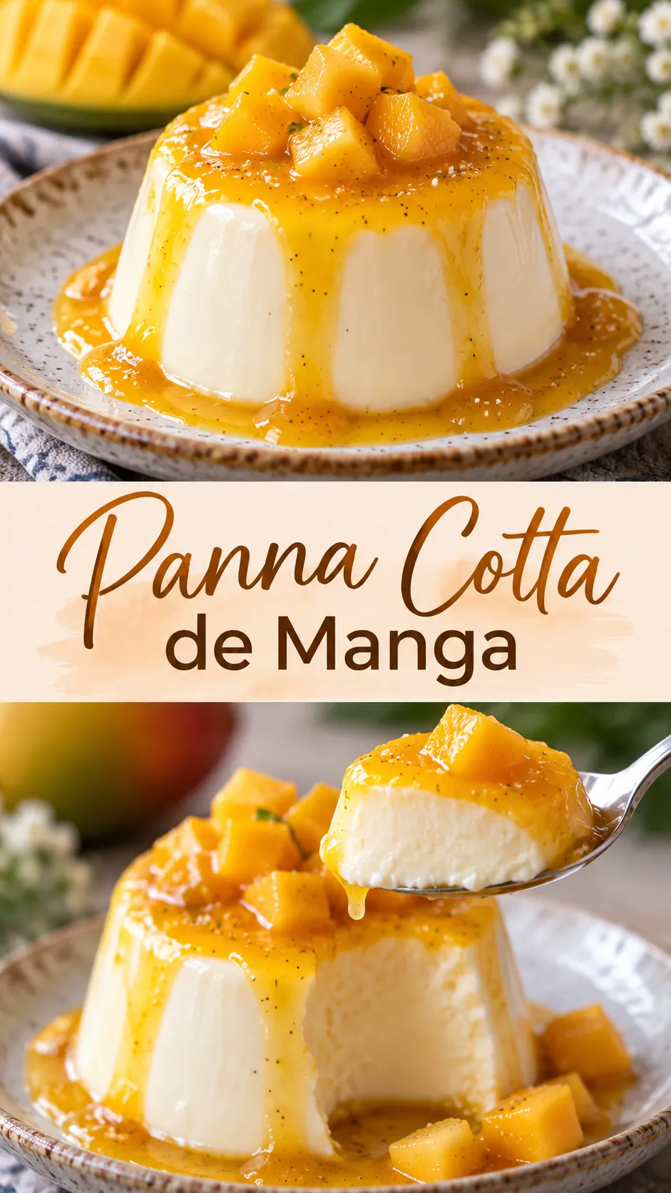 Imagem para o Pinterest com o título “Panna Cotta de Manga” e duas fotos da receita