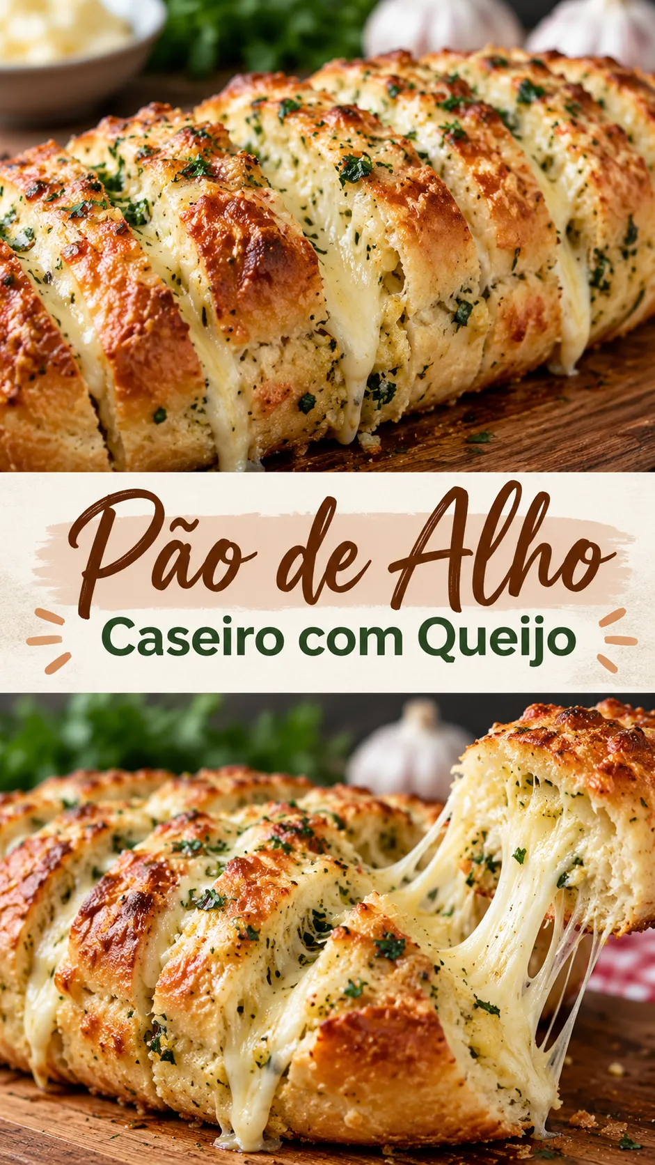 Imagem para o Pinterest com o título “Pão de Alho Caseiro com Queijo” e duas fotos da receita