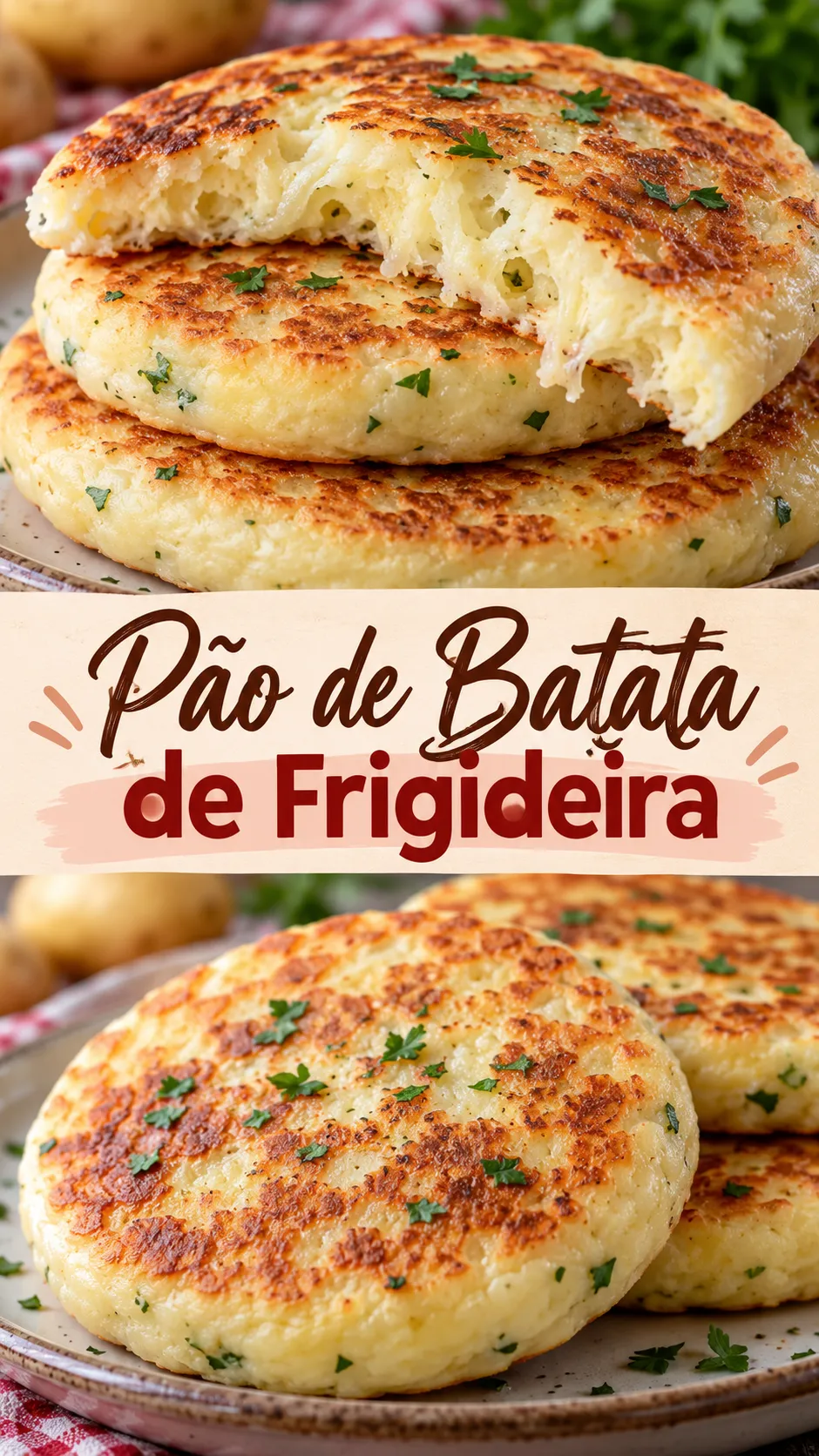 Imagem para o Pinterest com o título “Pão de Batata de Frigideira” e duas fotos da receita