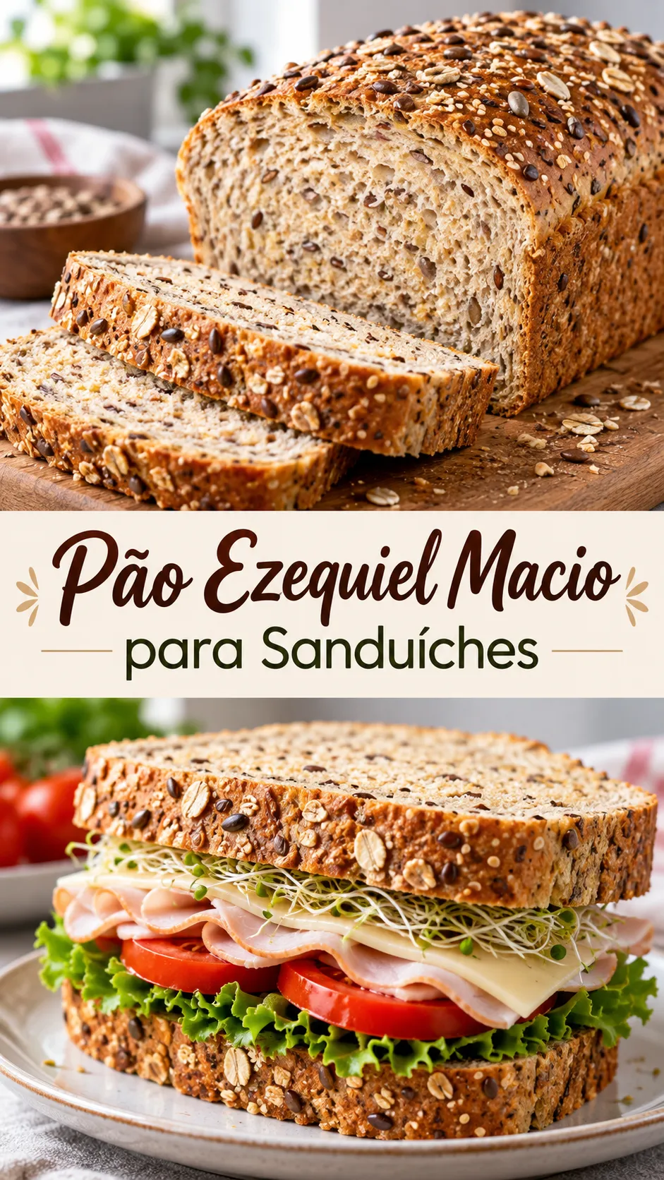 Imagem para o Pinterest com o título “Pão Ezequiel Macio para Sanduíches” e duas fotos da receita