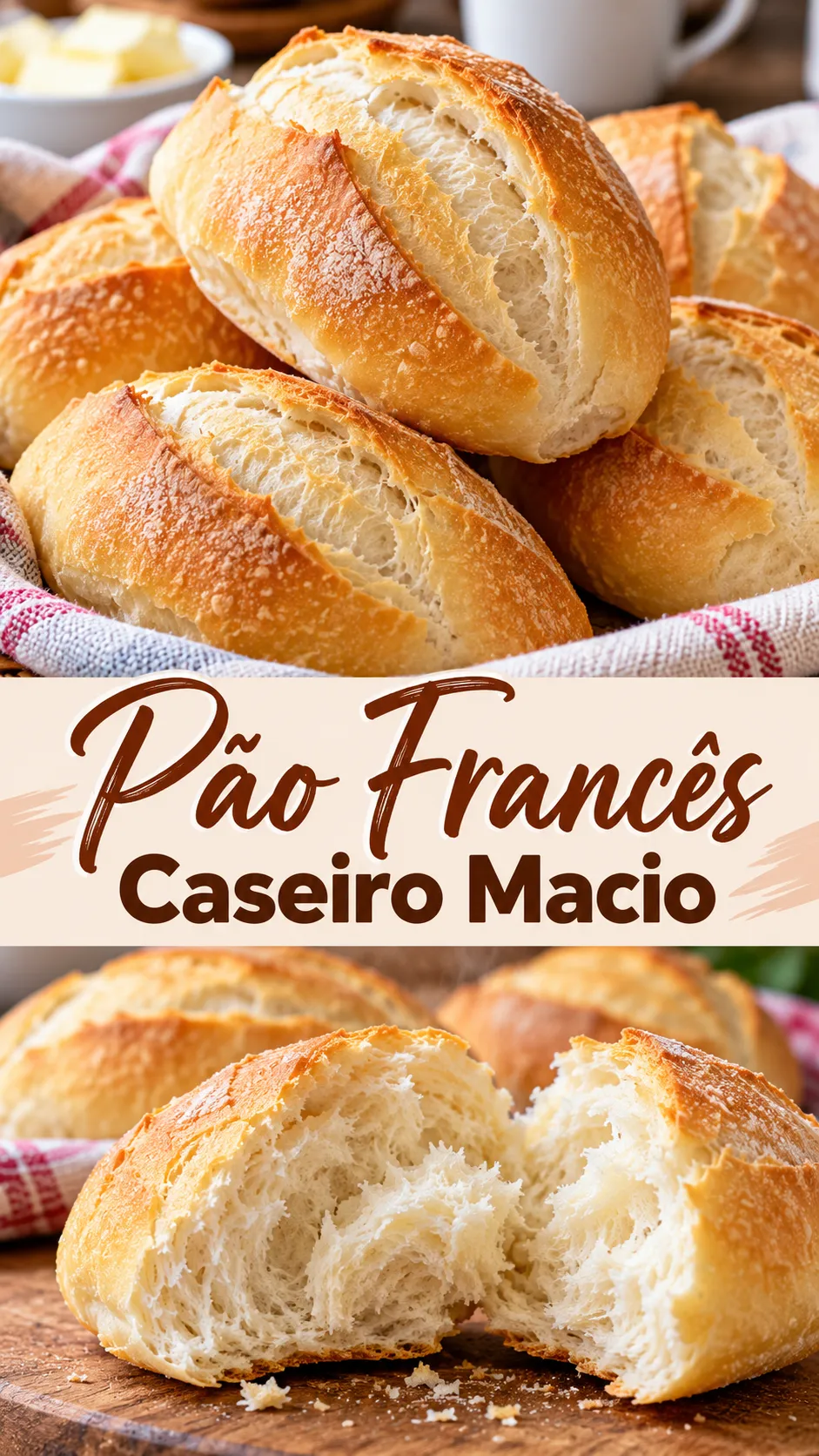 Imagem para o Pinterest com o título “Pão Francês Caseiro Macio” e duas fotos da receita