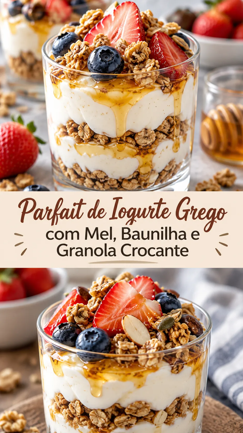 Imagem para o Pinterest com o título “Parfait de Iogurte Grego com Mel, Baunilha e Granola Crocante” e duas fotos da receita