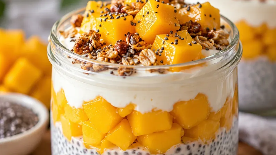 Foto de parfait de Iogurte, Manga e Chia no Pote pronto para servir