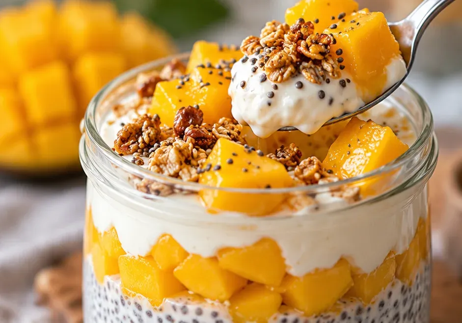 Outra foto de parfait de Iogurte, Manga e Chia no Pote