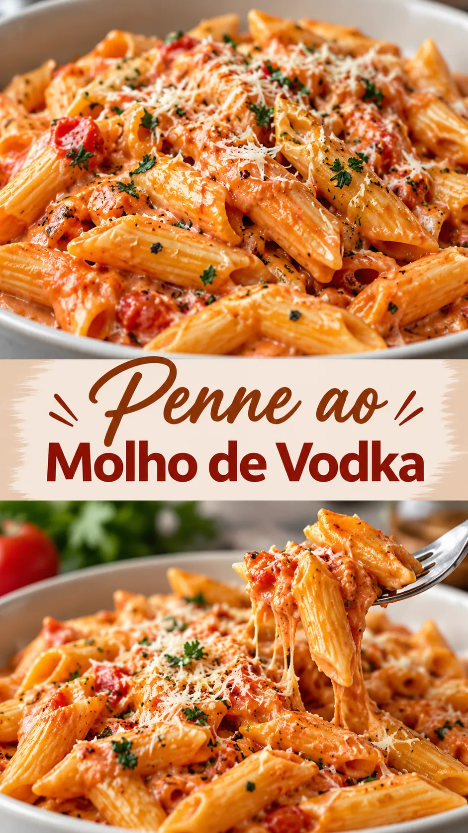 Imagem para o Pinterest com o título “Penne ao Molho de Vodka” e duas fotos da receita