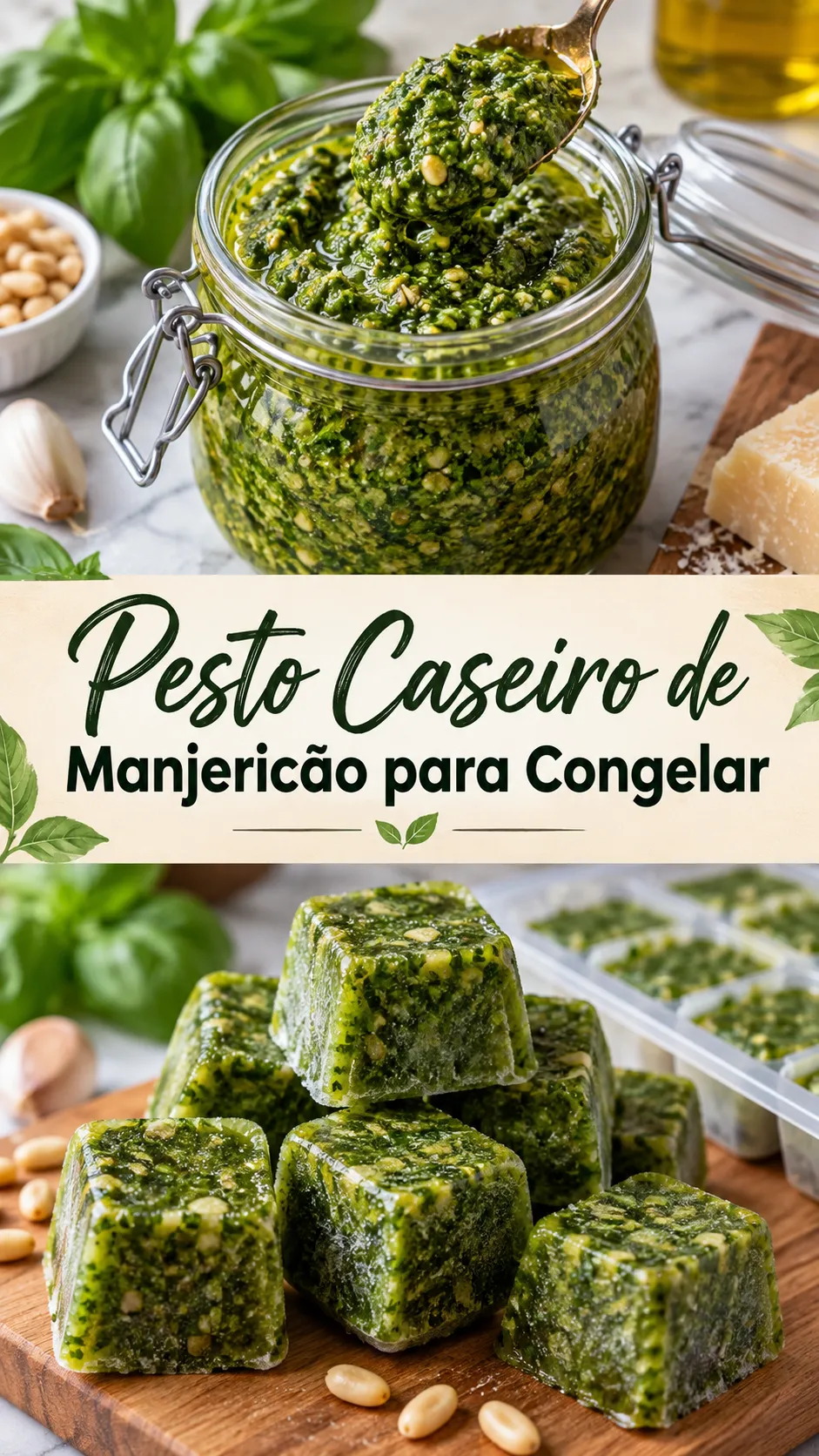 Imagem para o Pinterest com o título “Pesto Caseiro de Manjericão para Congelar” e duas fotos da receita