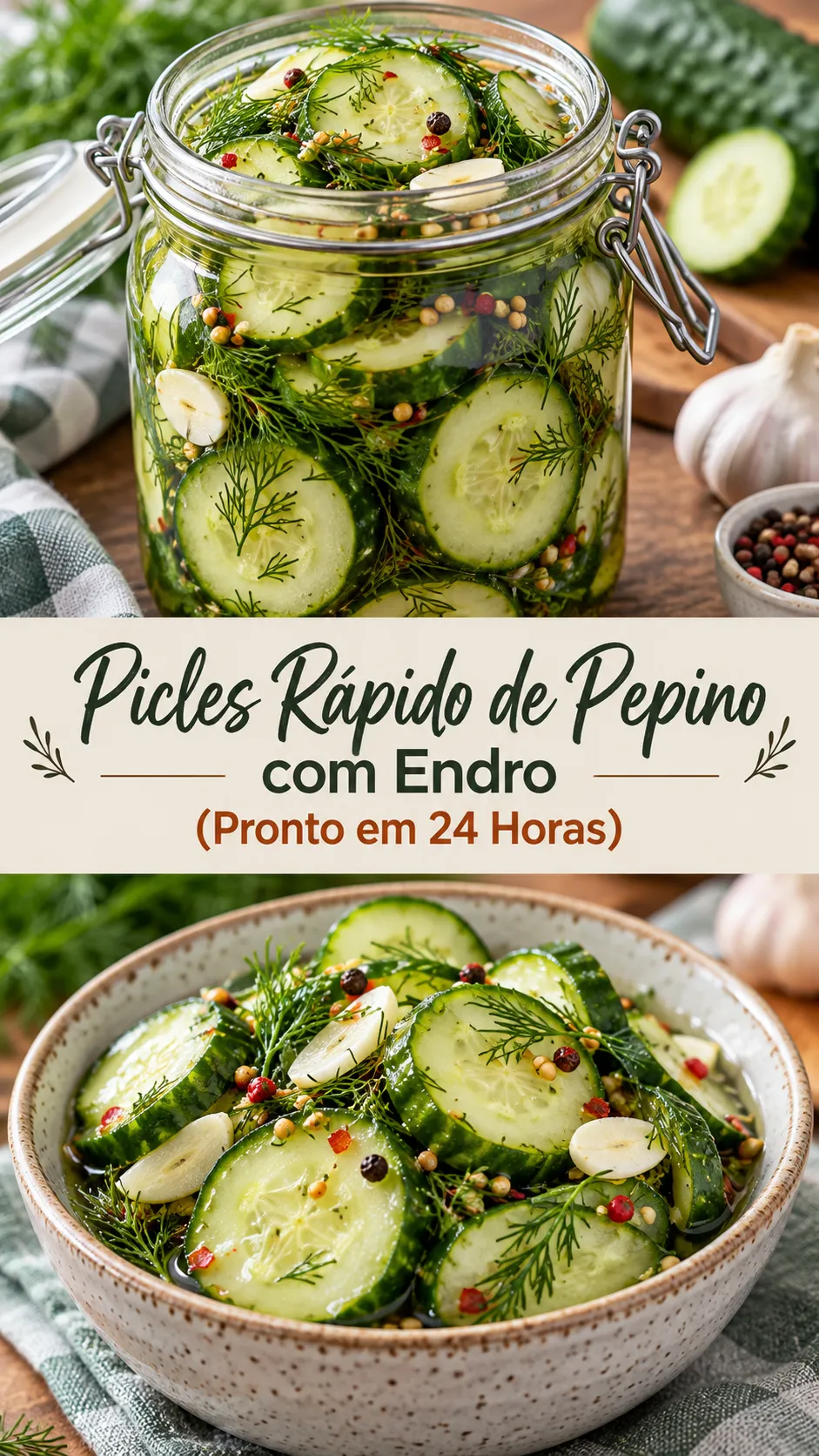 Imagem para o Pinterest com o título “Picles Rápido de Pepino com Endro (Pronto em 24 Horas)” e duas fotos da receita