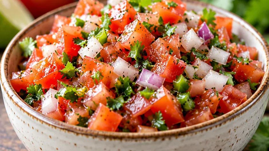 Foto de pico de Gallo Caseiro (Molho Mexicano em Pedaços) pronto para servir