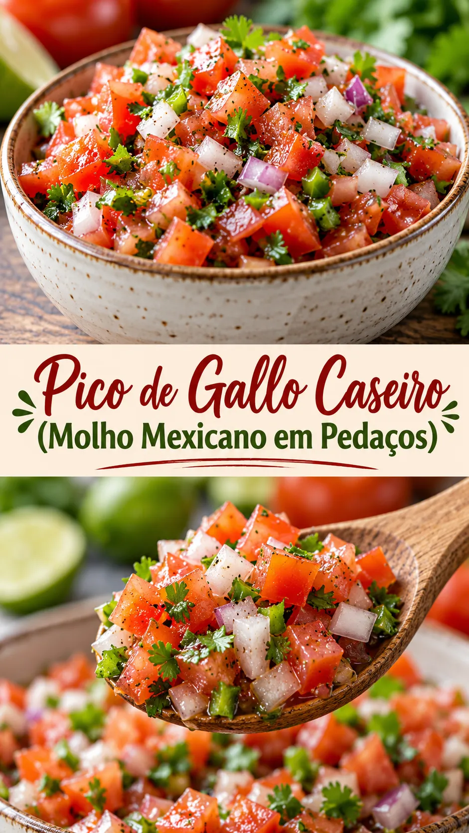 Imagem para o Pinterest com o título “Pico de Gallo Caseiro (Molho Mexicano em Pedaços)” e duas fotos da receita