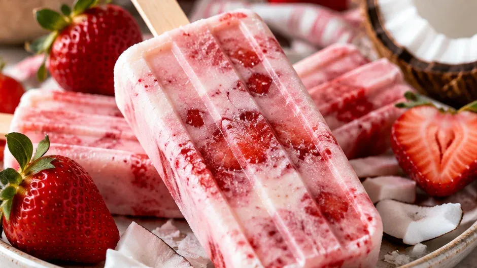 Foto de picolés de Morango com Leite de Coco pronto para servir