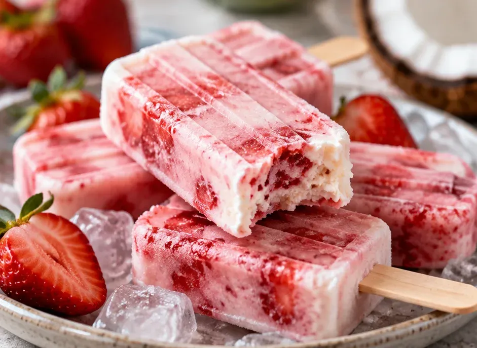 Outra foto de picolés de Morango com Leite de Coco
