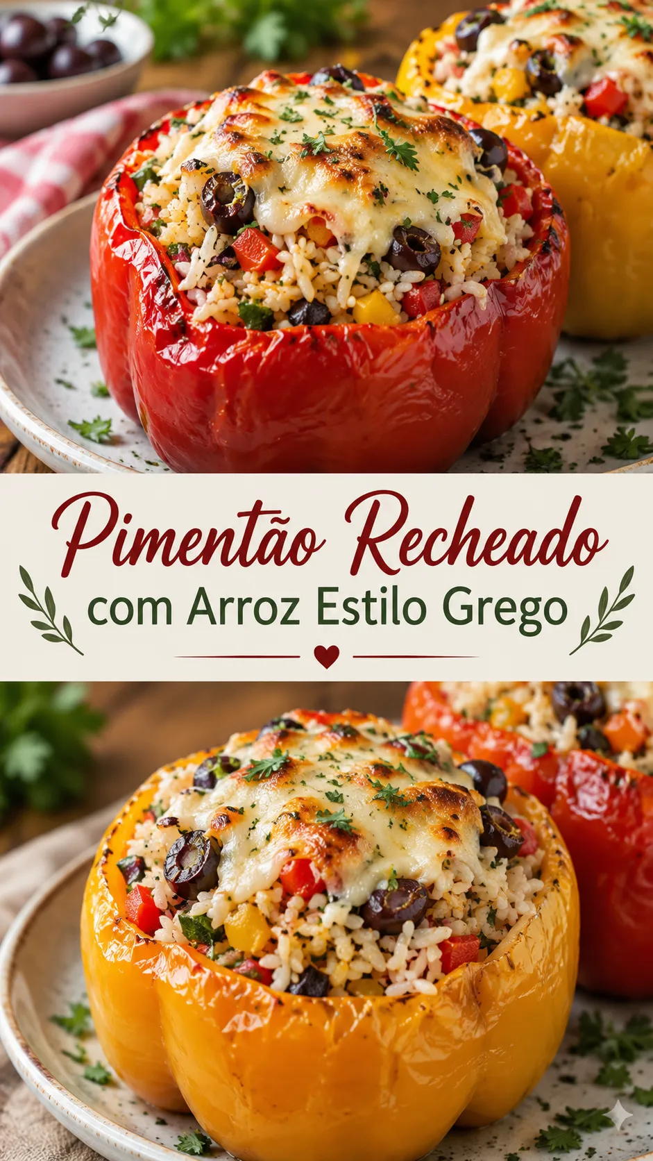 Imagem para o Pinterest com o título “Pimentão Recheado com Arroz Estilo Grego” e duas fotos da receita