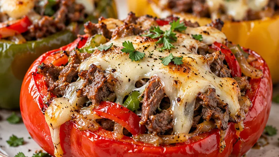 Foto de pimentão Recheado com Carne e Queijo Estilo Philly pronto para servir
