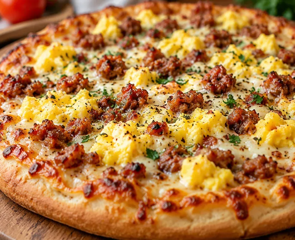 Outra foto de pizza de Café da Manhã com Linguiça e Ovo