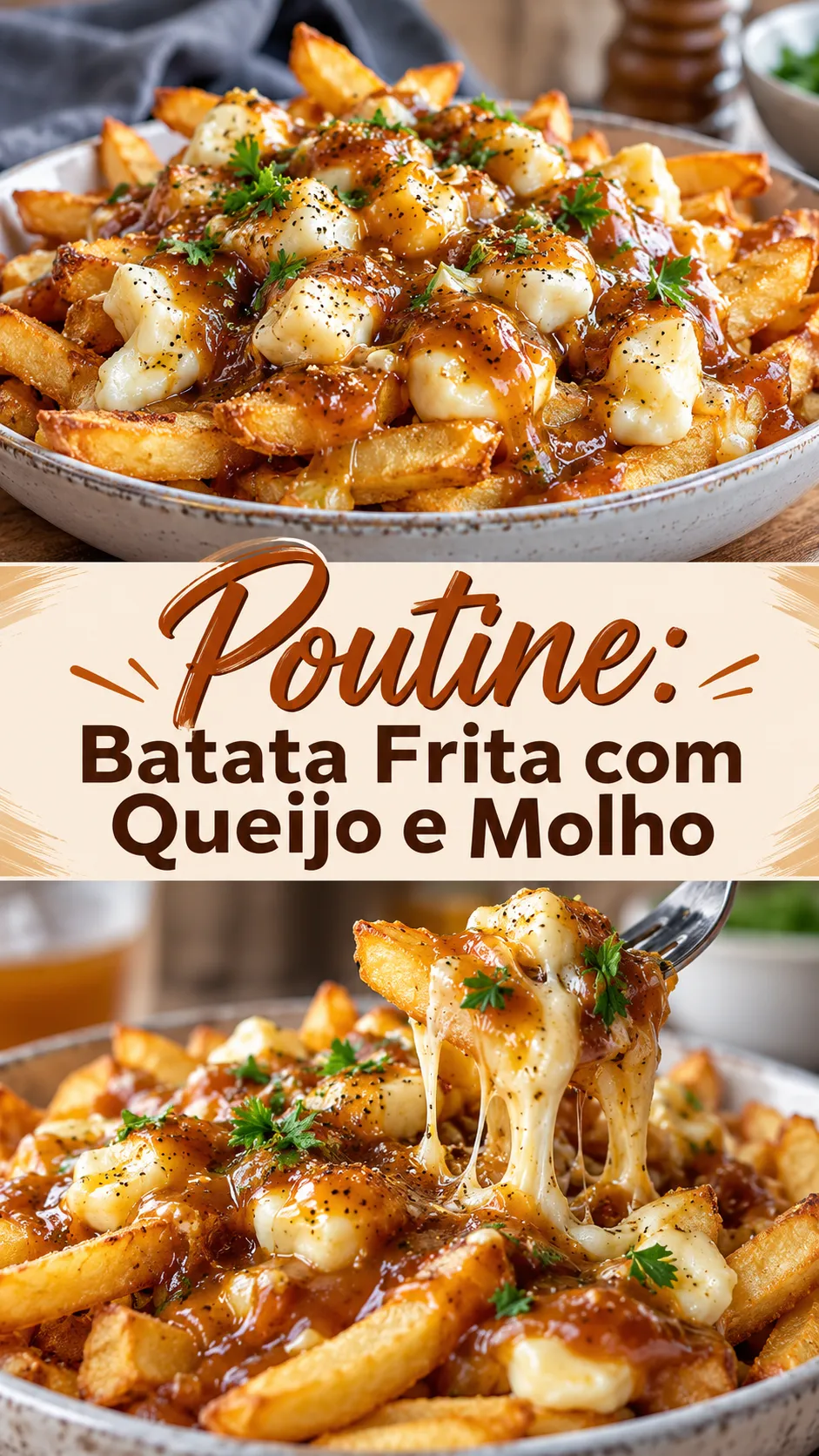Imagem para o Pinterest com o título “Poutine: Batata Frita com Queijo e Molho” e duas fotos da receita