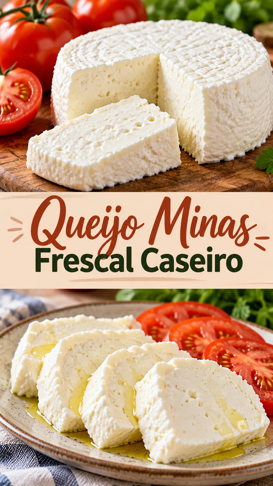 Imagem para o Pinterest com o título “Queijo Minas Frescal Caseiro” e duas fotos da receita