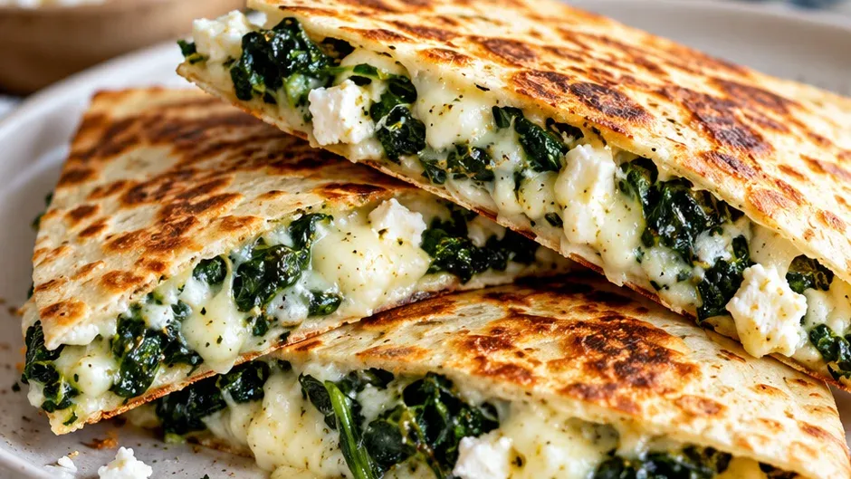 Foto de quesadillas de Espinafre com Queijo Feta pronto para servir