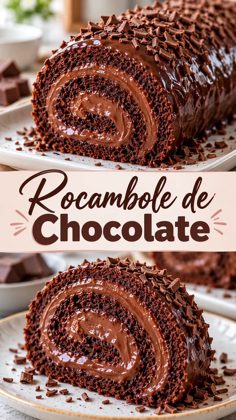 Imagem para o Pinterest com o título “Rocambole de Chocolate” e duas fotos da receita