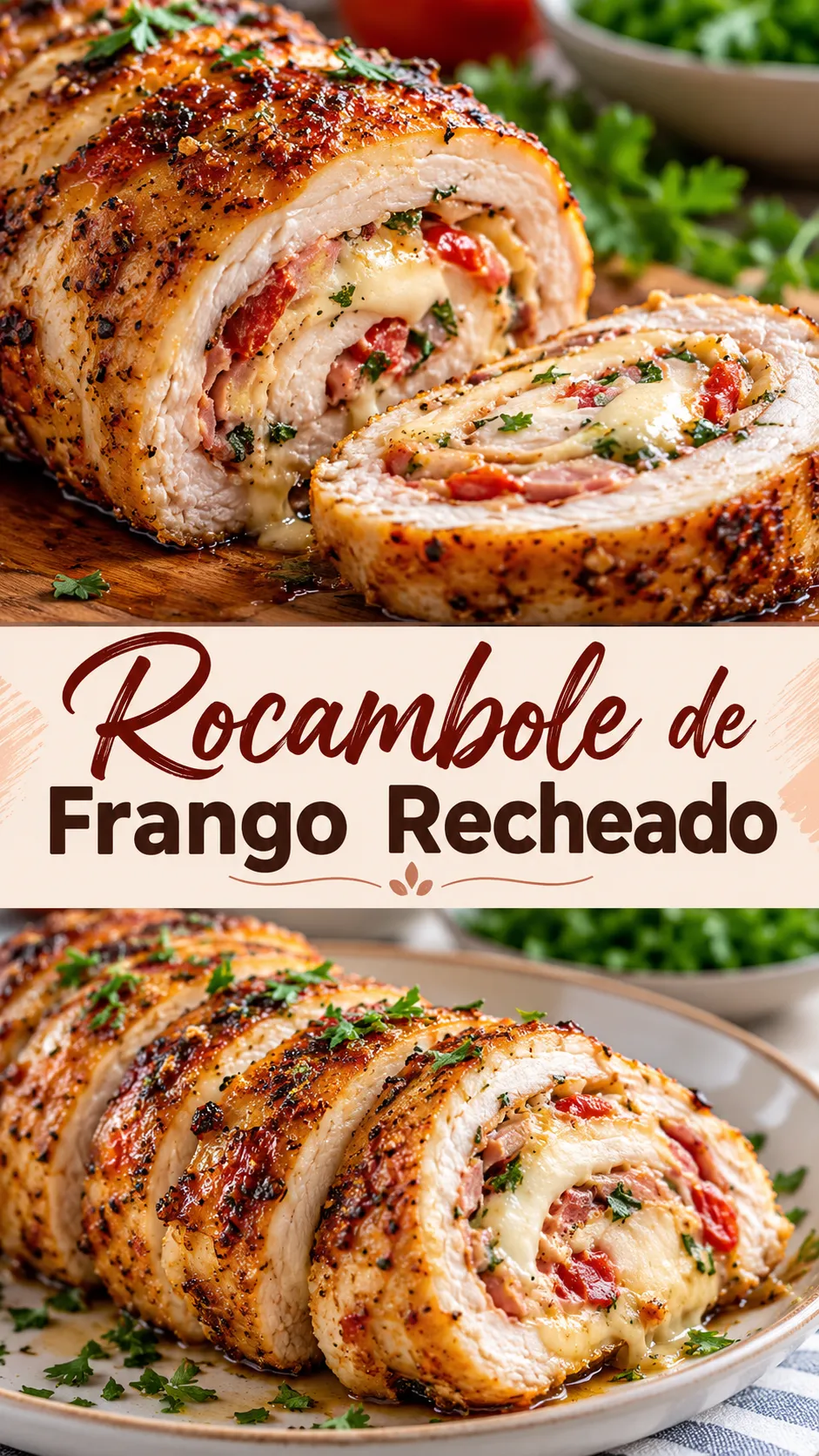 Imagem para o Pinterest com o título “Rocambole de Frango Recheado” e duas fotos da receita