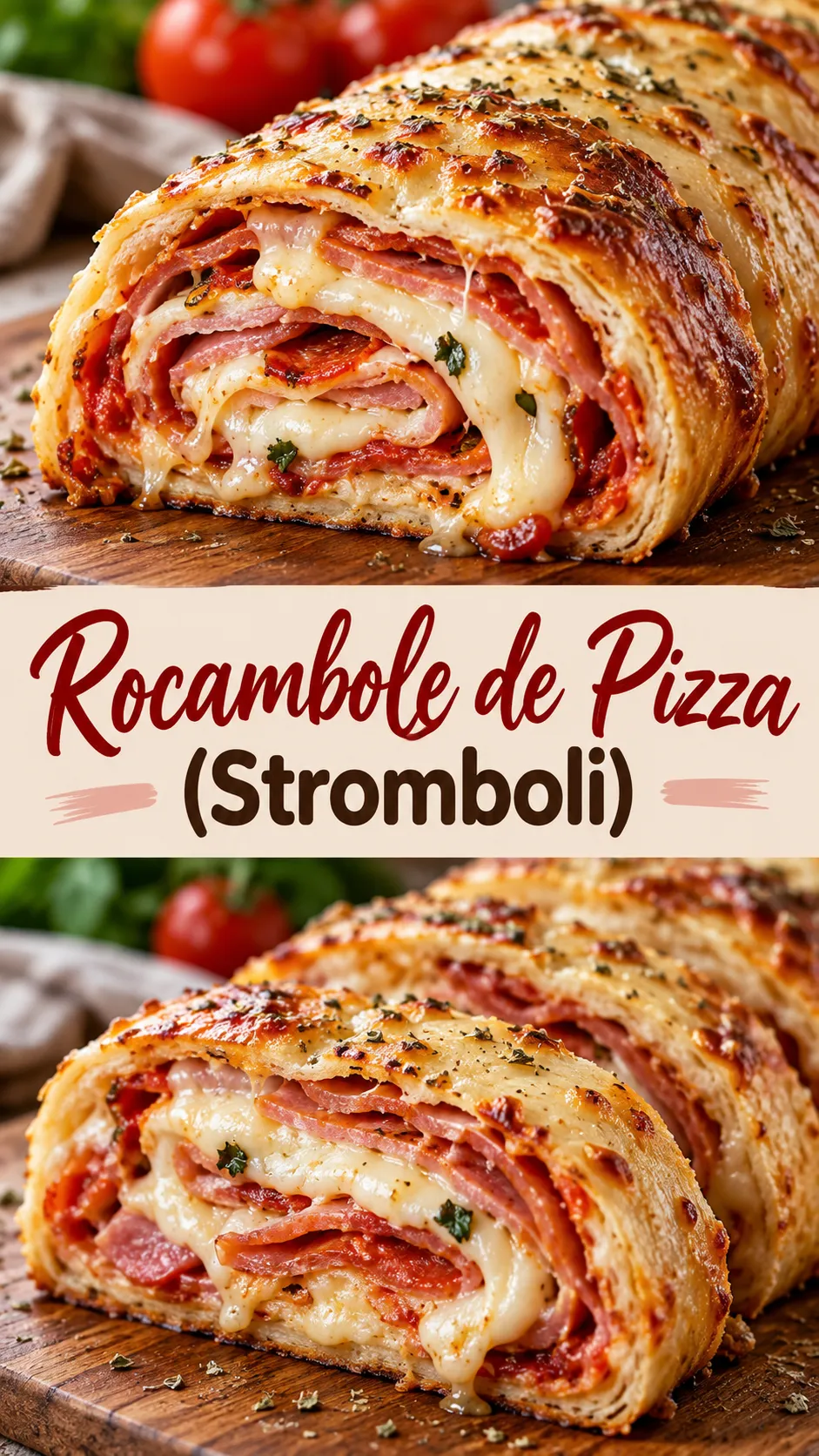 Imagem para o Pinterest com o título “Rocambole de Pizza (Stromboli)” e duas fotos da receita