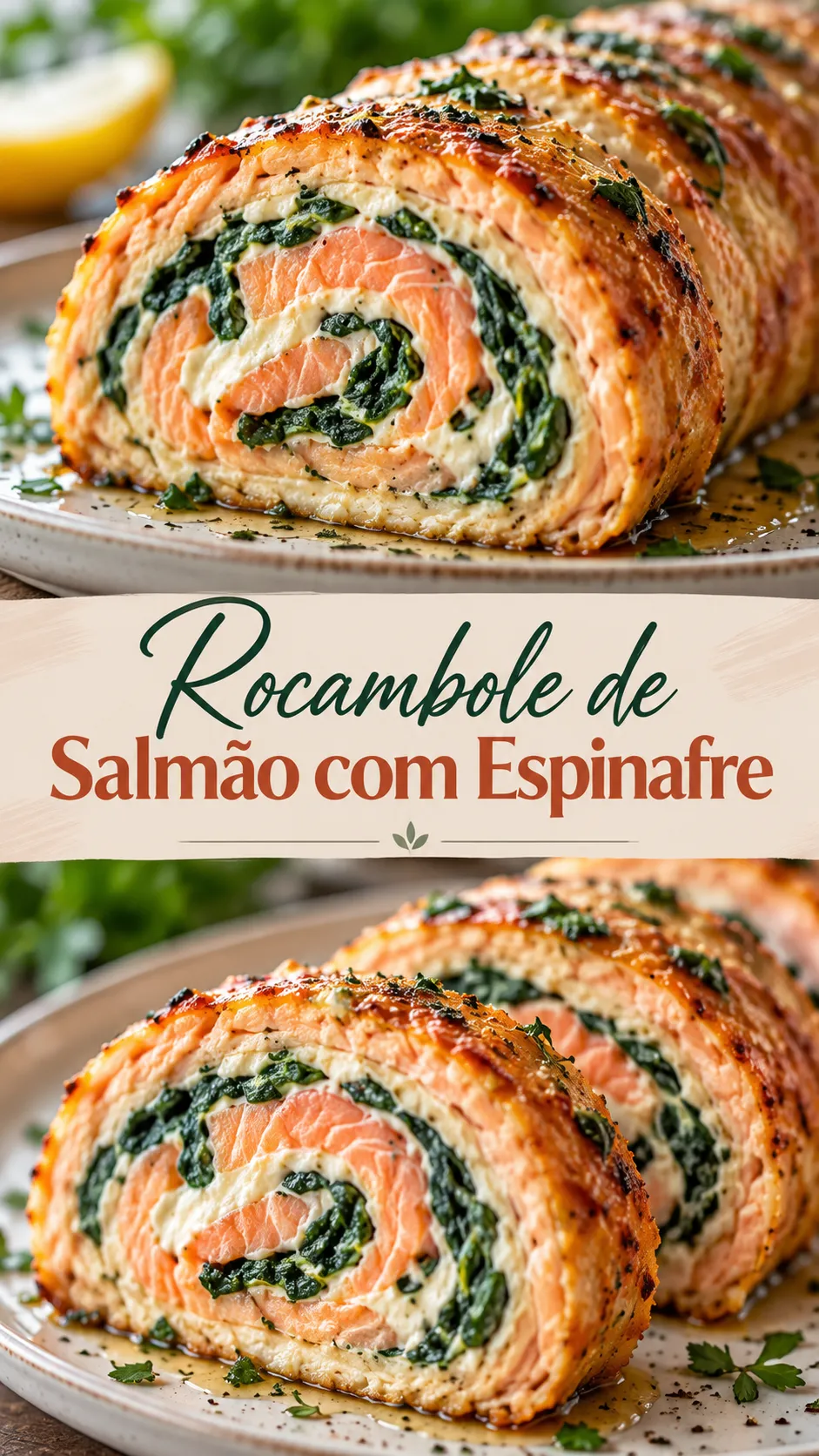 Imagem para o Pinterest com o título “Rocambole de Salmão com Espinafre” e duas fotos da receita