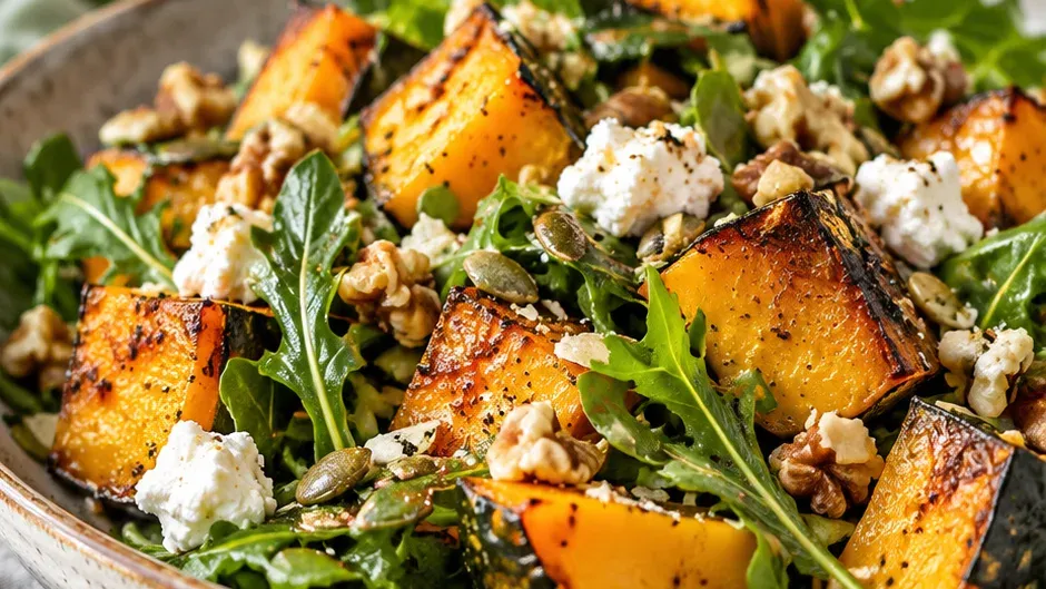 Foto de salada de Abóbora Cabotiá Assada com Rúcula pronto para servir