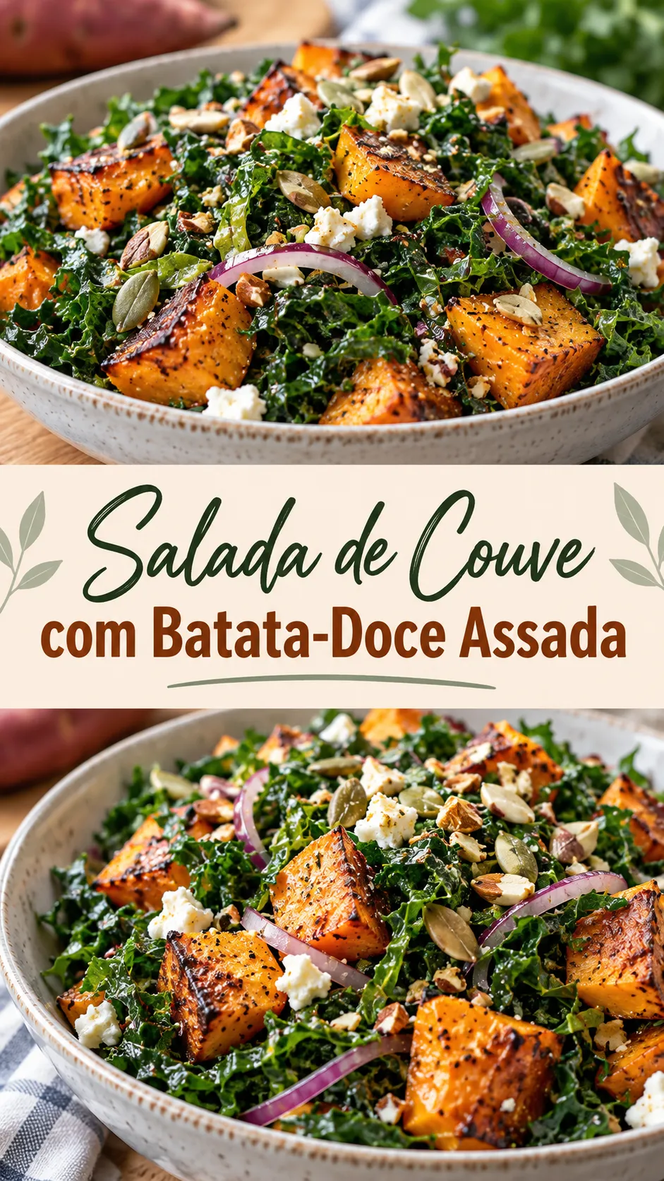 Imagem para o Pinterest com o título “Salada de Couve com Batata-Doce Assada” e duas fotos da receita