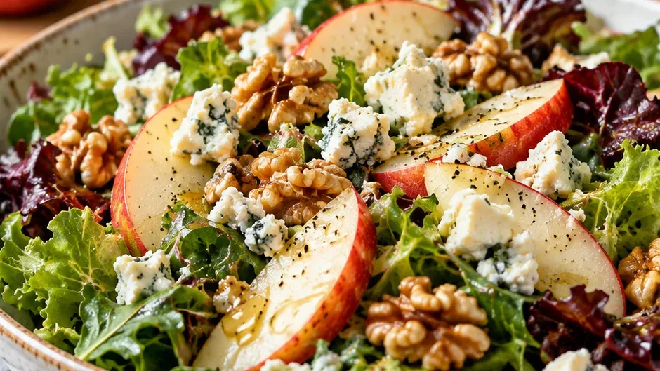 Foto de salada de Folhas com Maçã, Nozes e Queijo pronto para servir