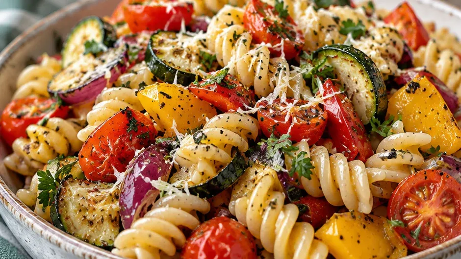 Foto de salada de Macarrão com Legumes Assados pronto para servir