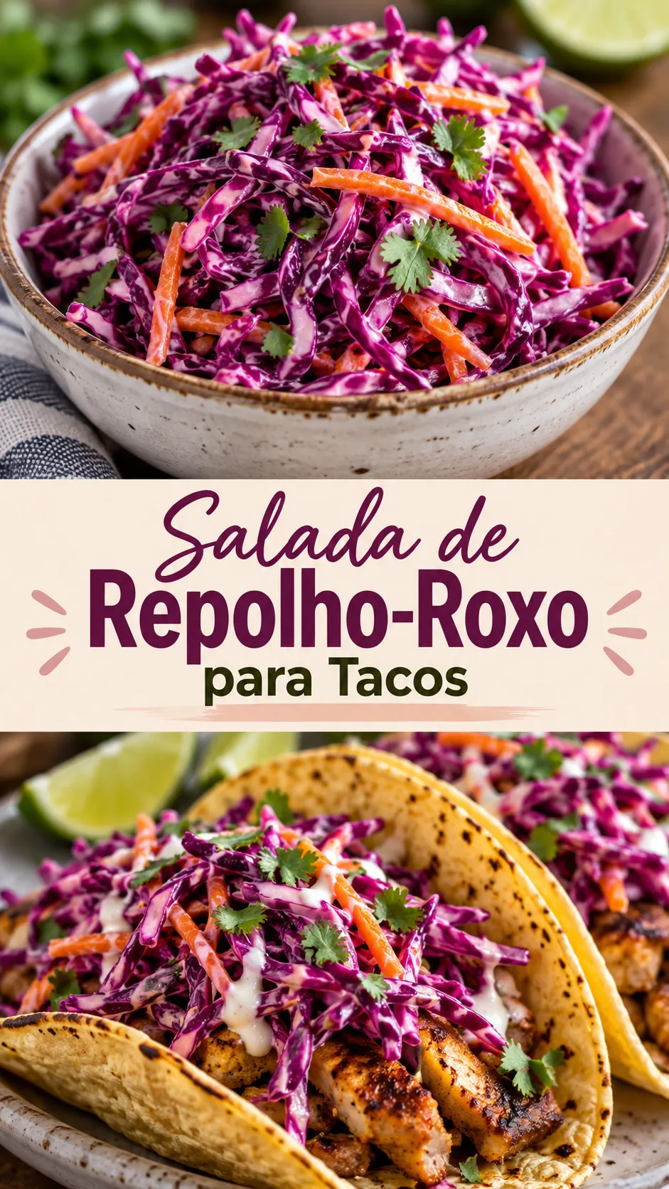 Imagem para o Pinterest com o título “Salada de Repolho-Roxo para Tacos” e duas fotos da receita