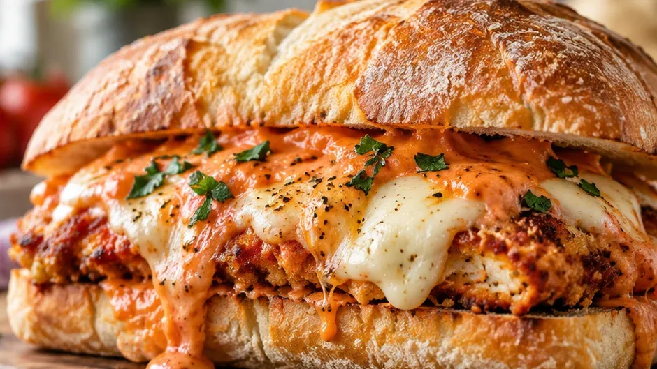 Foto de sanduíche de Frango à Parmegiana com Molho de Vodka pronto para servir