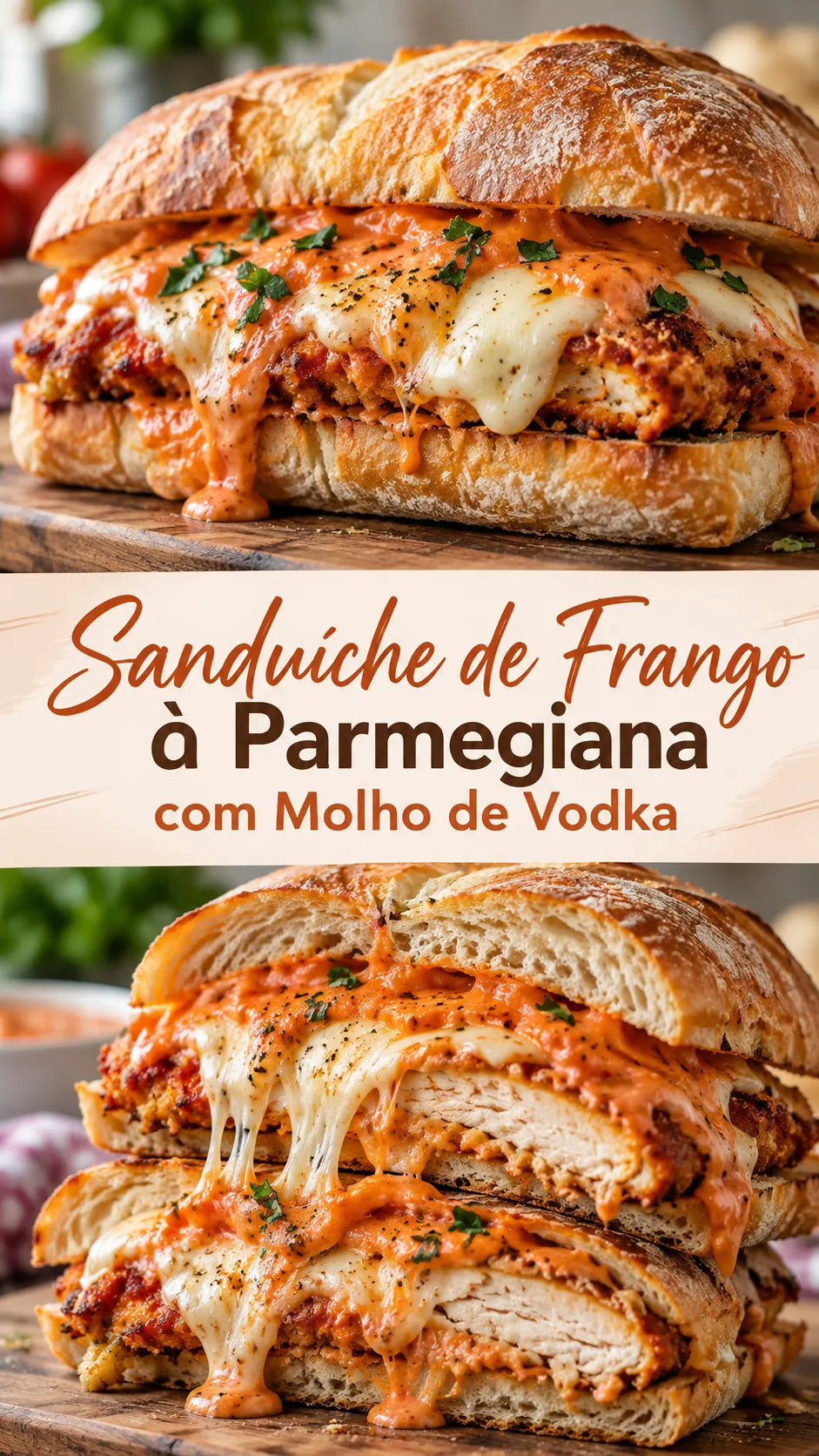 Imagem para o Pinterest com o título “Sanduíche de Frango à Parmegiana com Molho de Vodka” e duas fotos da receita