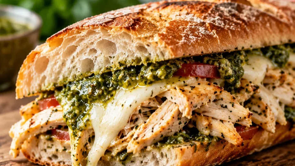 Foto de sanduíche de Frango com Pesto e Muçarela pronto para servir