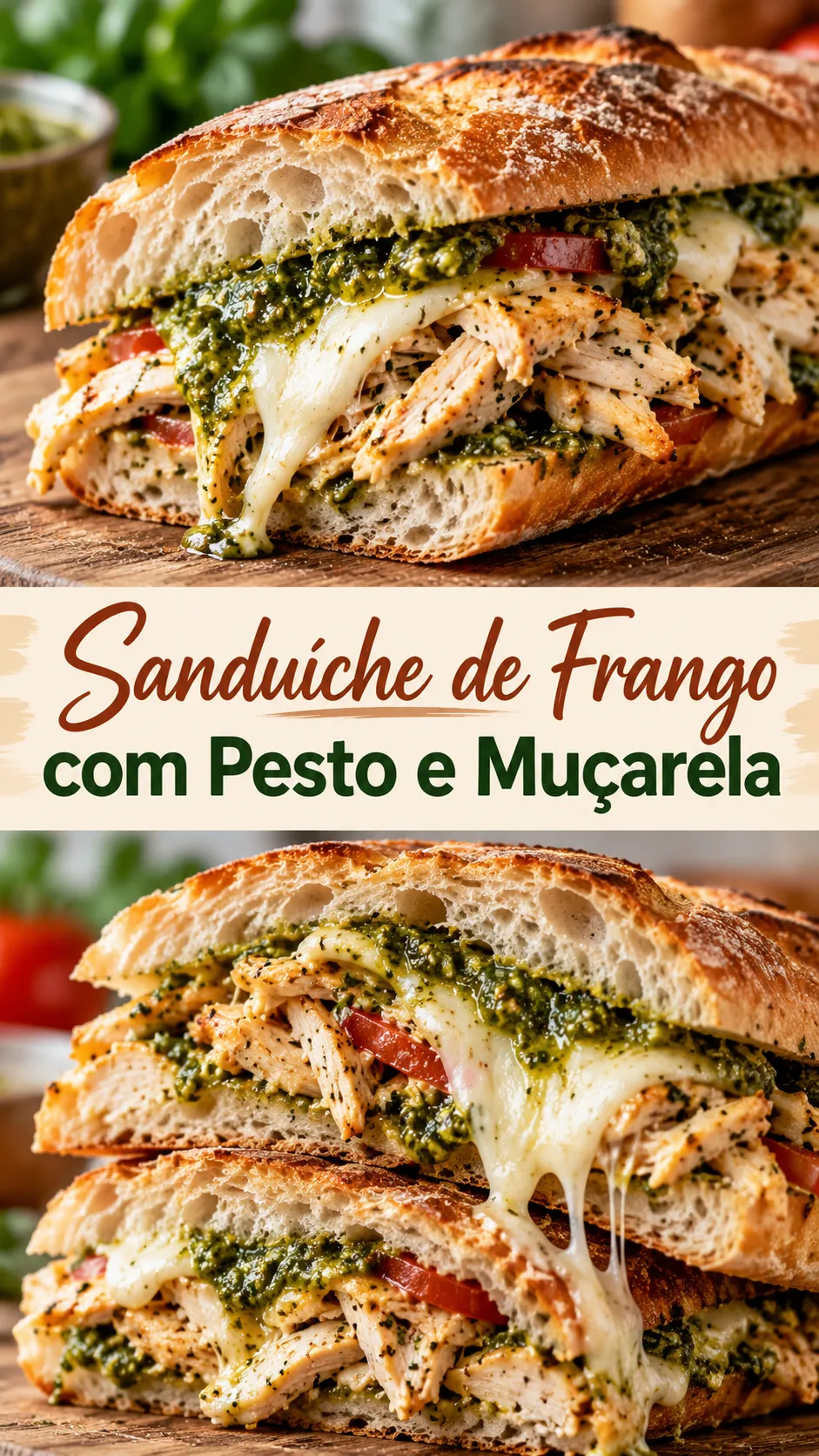 Imagem para o Pinterest com o título “Sanduíche de Frango com Pesto e Muçarela” e duas fotos da receita